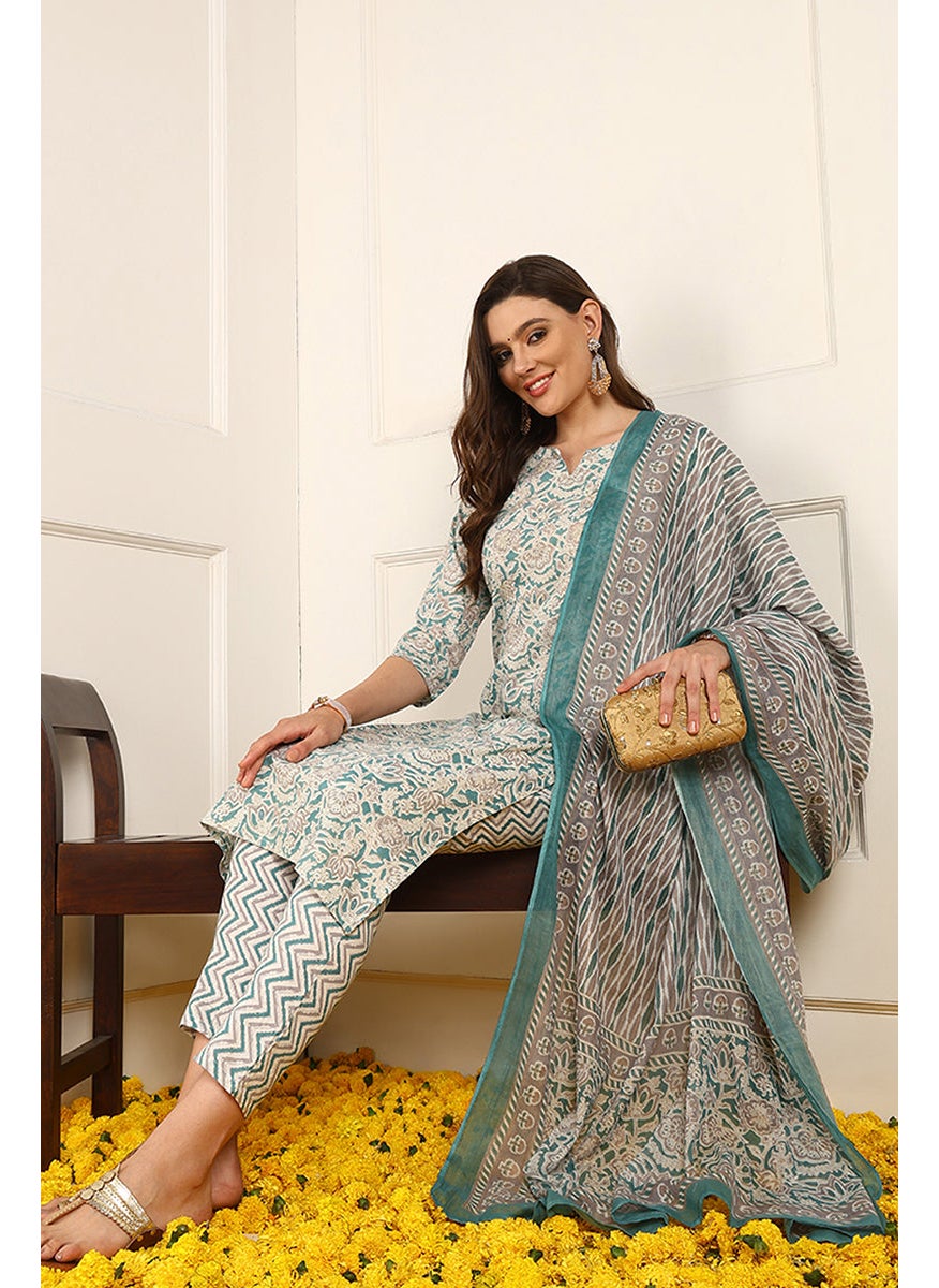 Teal Pure Cotton Floral Printed Straight 3-Piece Kurta Set