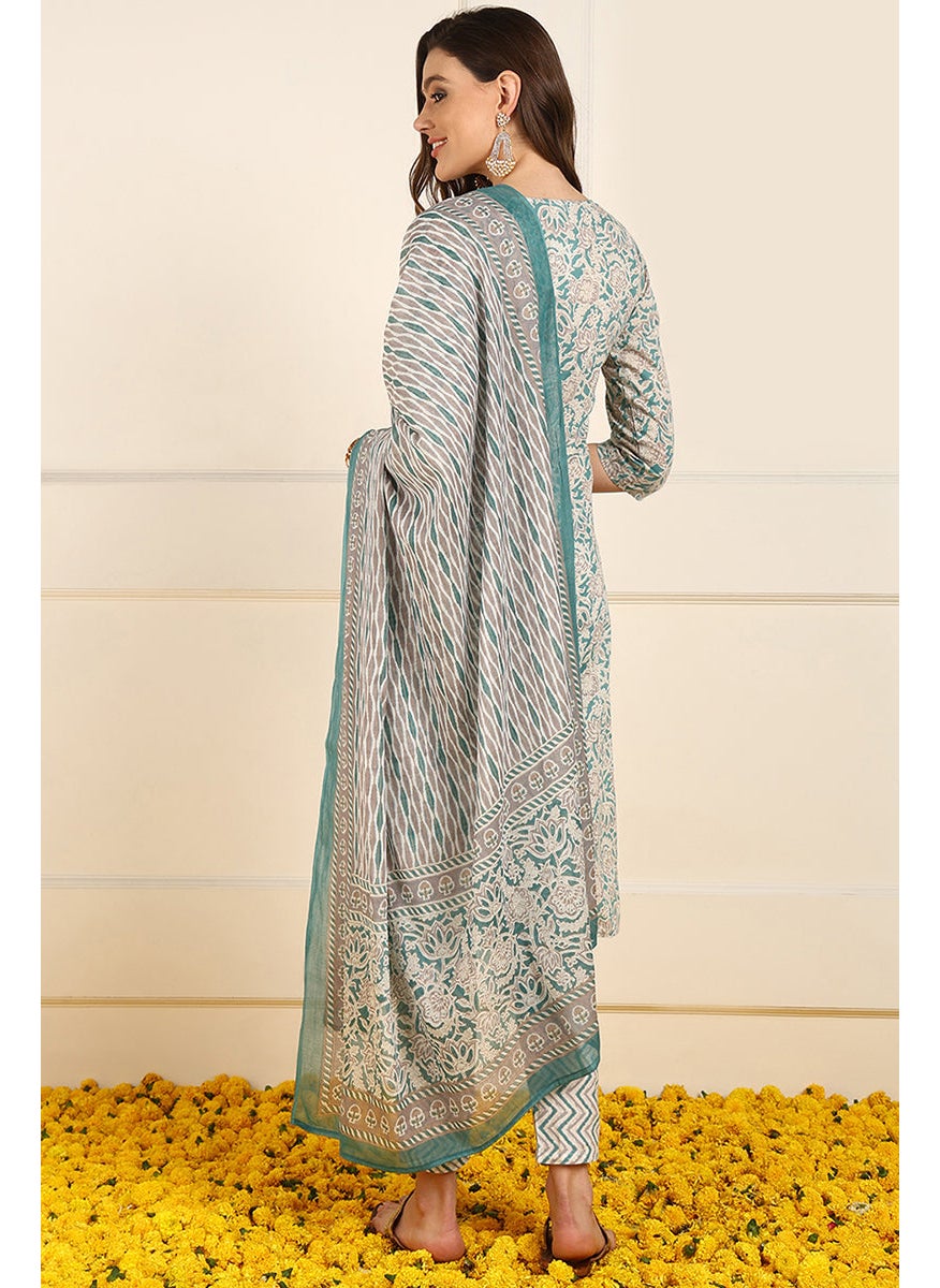 Teal Pure Cotton Floral Printed Straight 3-Piece Kurta Set