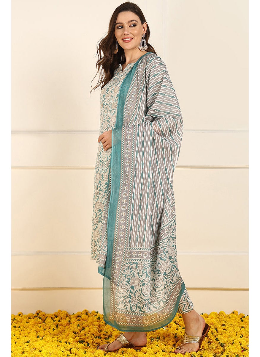Teal Pure Cotton Floral Printed Straight 3-Piece Kurta Set