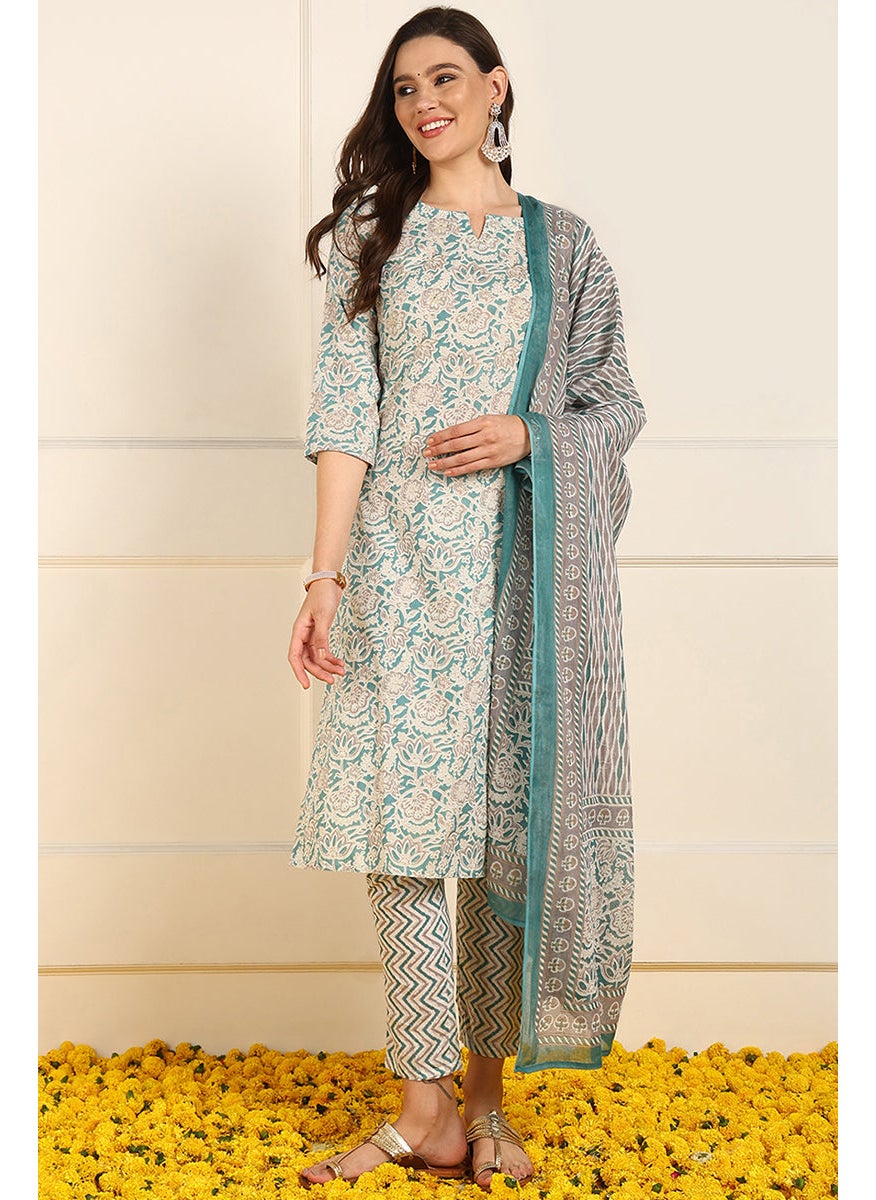 Teal Pure Cotton Floral Printed Straight 3-Piece Kurta Set