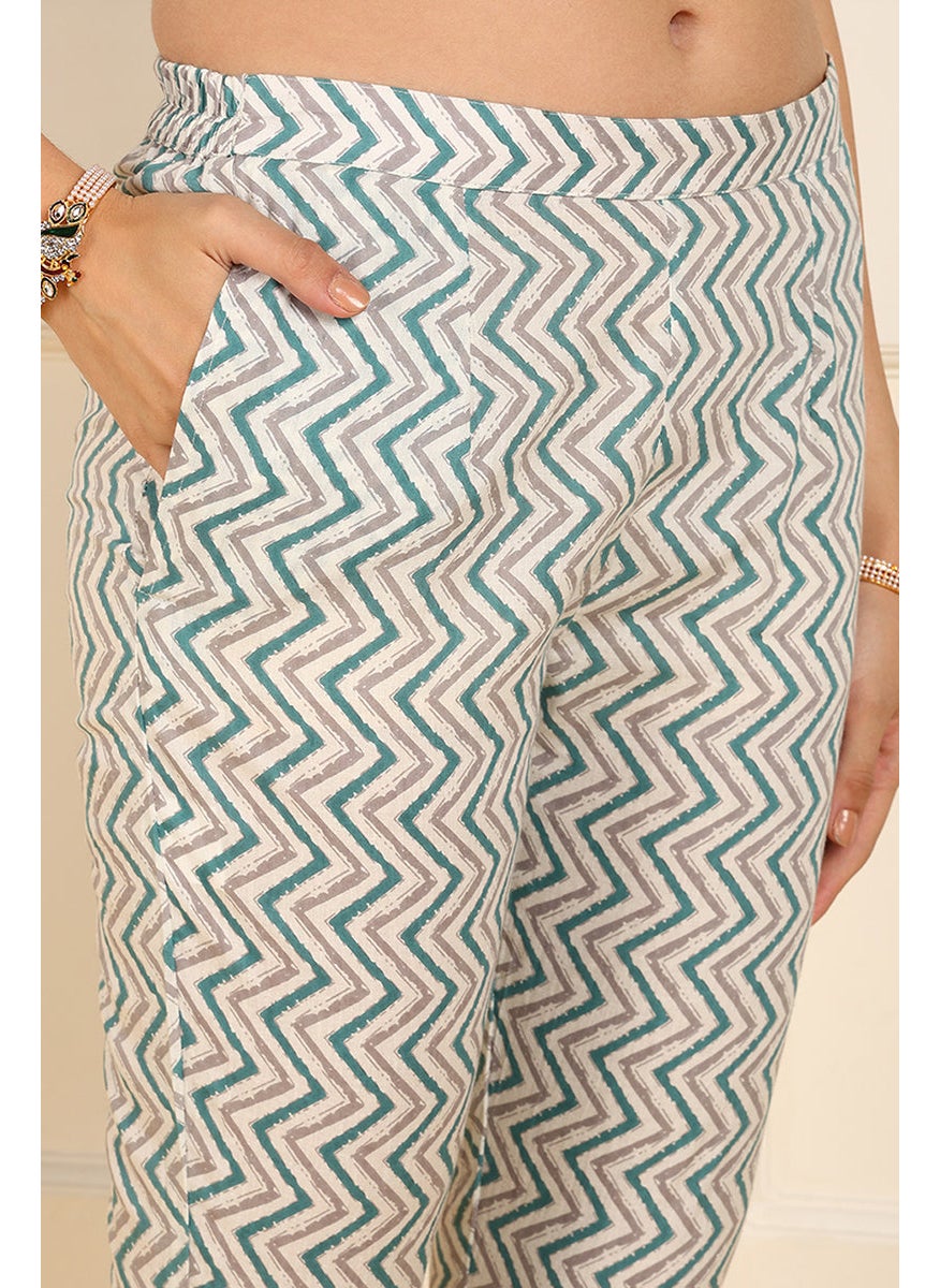 Teal Pure Cotton Floral Printed Straight 3-Piece Kurta Set