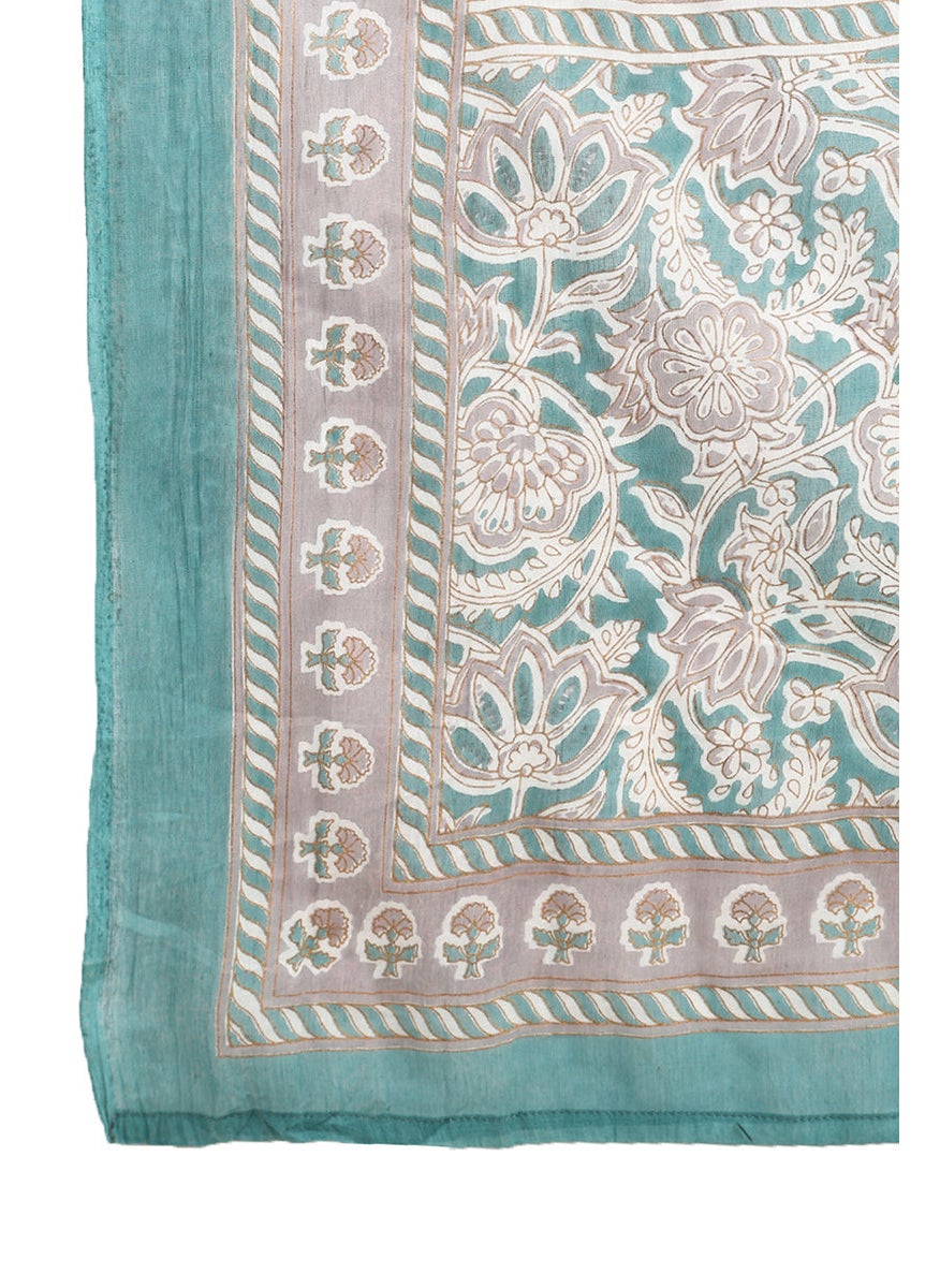 Teal Pure Cotton Floral Printed Straight 3-Piece Kurta Set