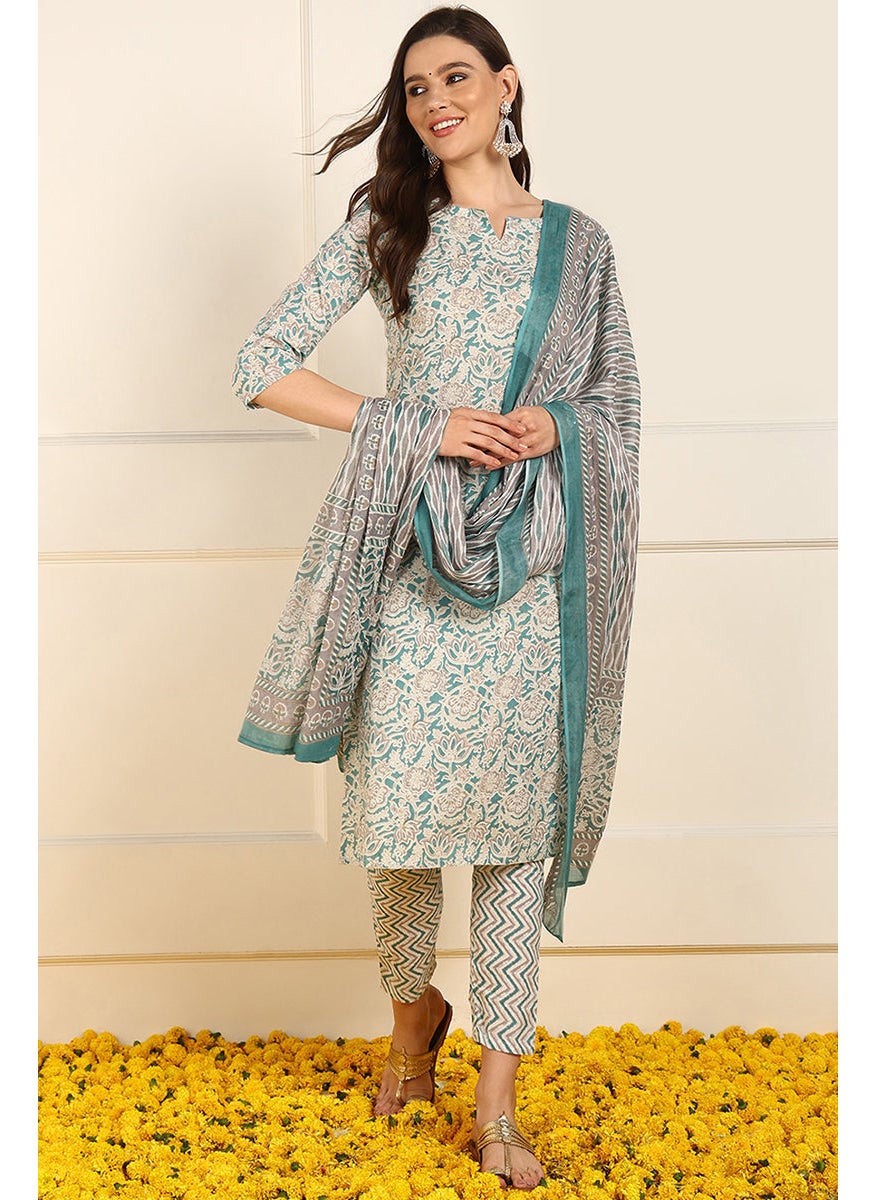 Teal Pure Cotton Floral Printed Straight 3-Piece Kurta Set