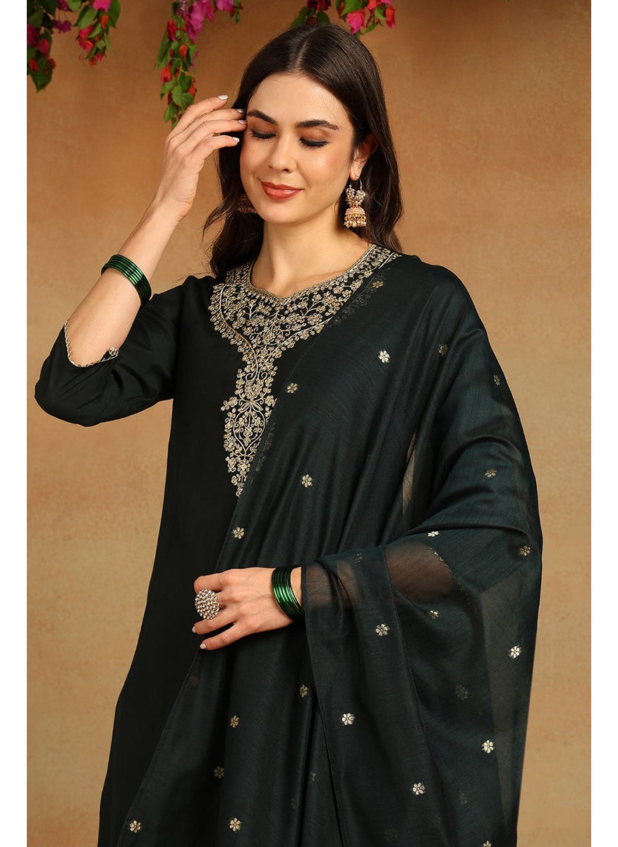 Green Chanderi Silk Embroidered Straight 3-Piece Kurta Set