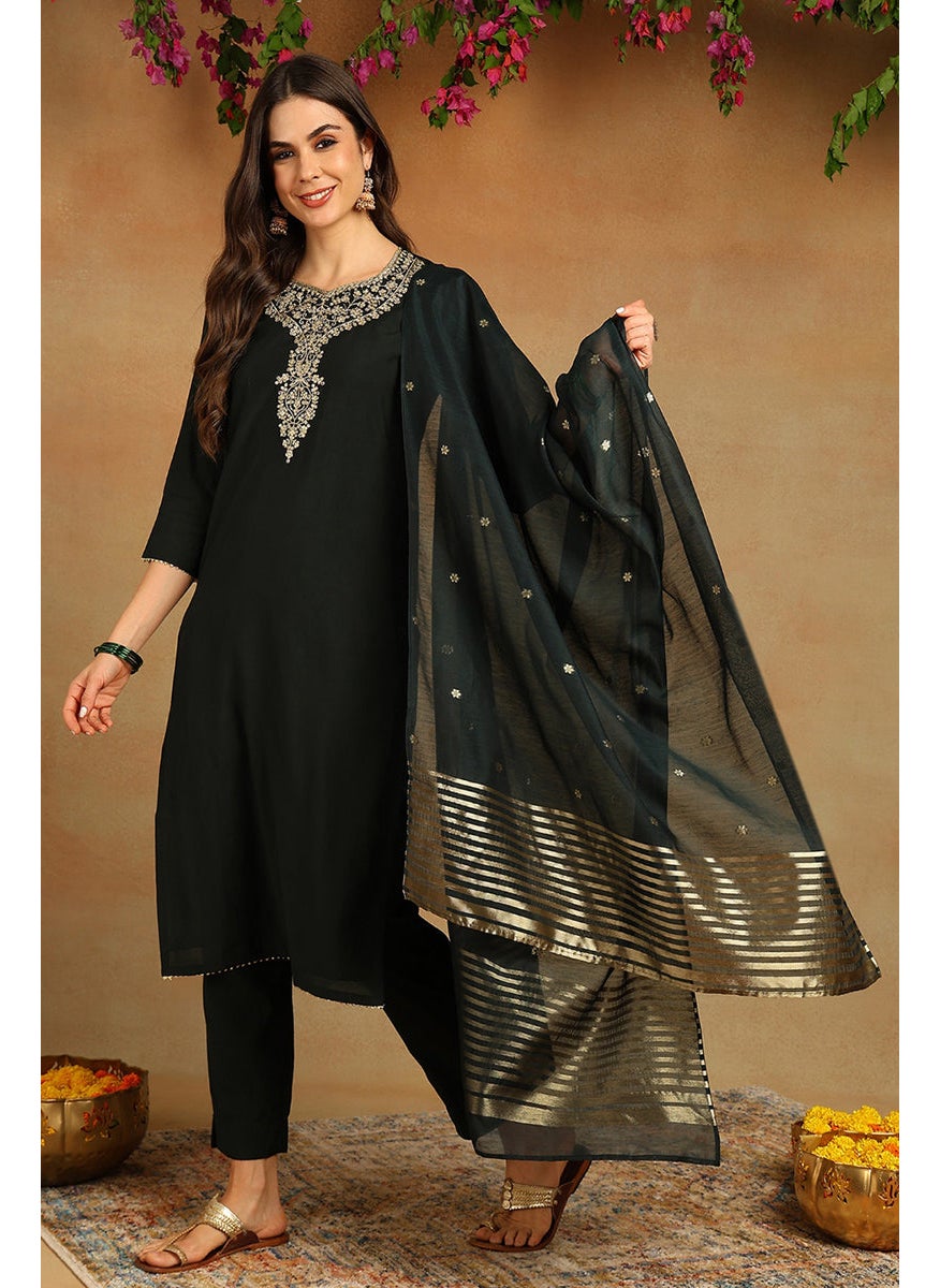 Green Chanderi Silk Embroidered Straight 3-Piece Kurta Set