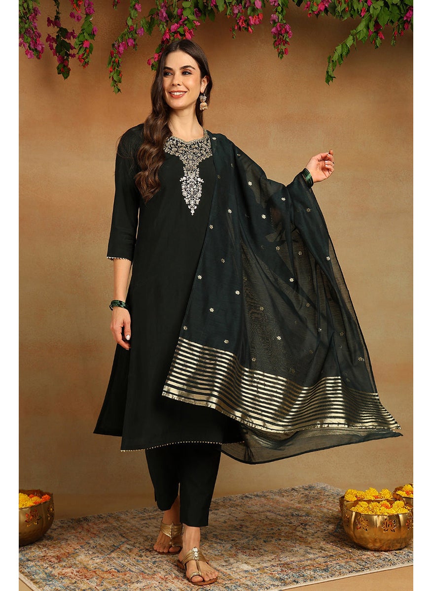 Green Chanderi Silk Embroidered Straight 3-Piece Kurta Set