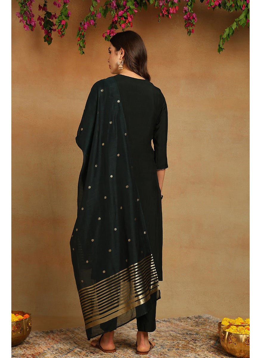 Green Chanderi Silk Embroidered Straight 3-Piece Kurta Set