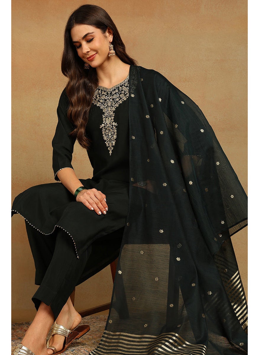 Green Chanderi Silk Embroidered Straight 3-Piece Kurta Set