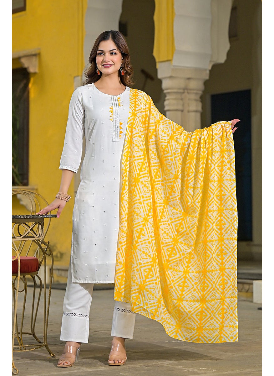 Yellow Rayon Blend Solid Embroidered Straight Kurta Set