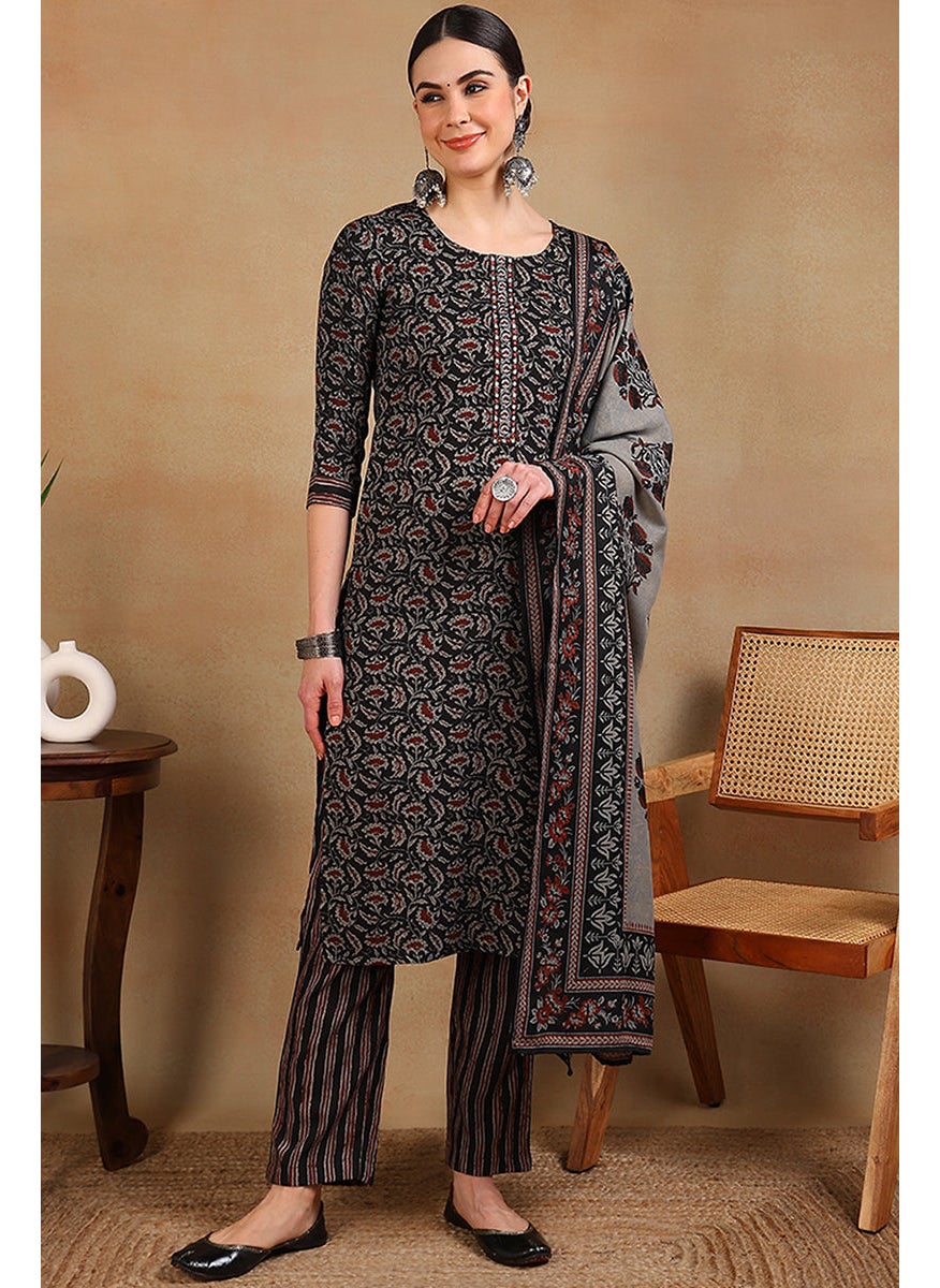 Black Rayon Blend Floral Embroidered Straight 3-Piece Kurta Set