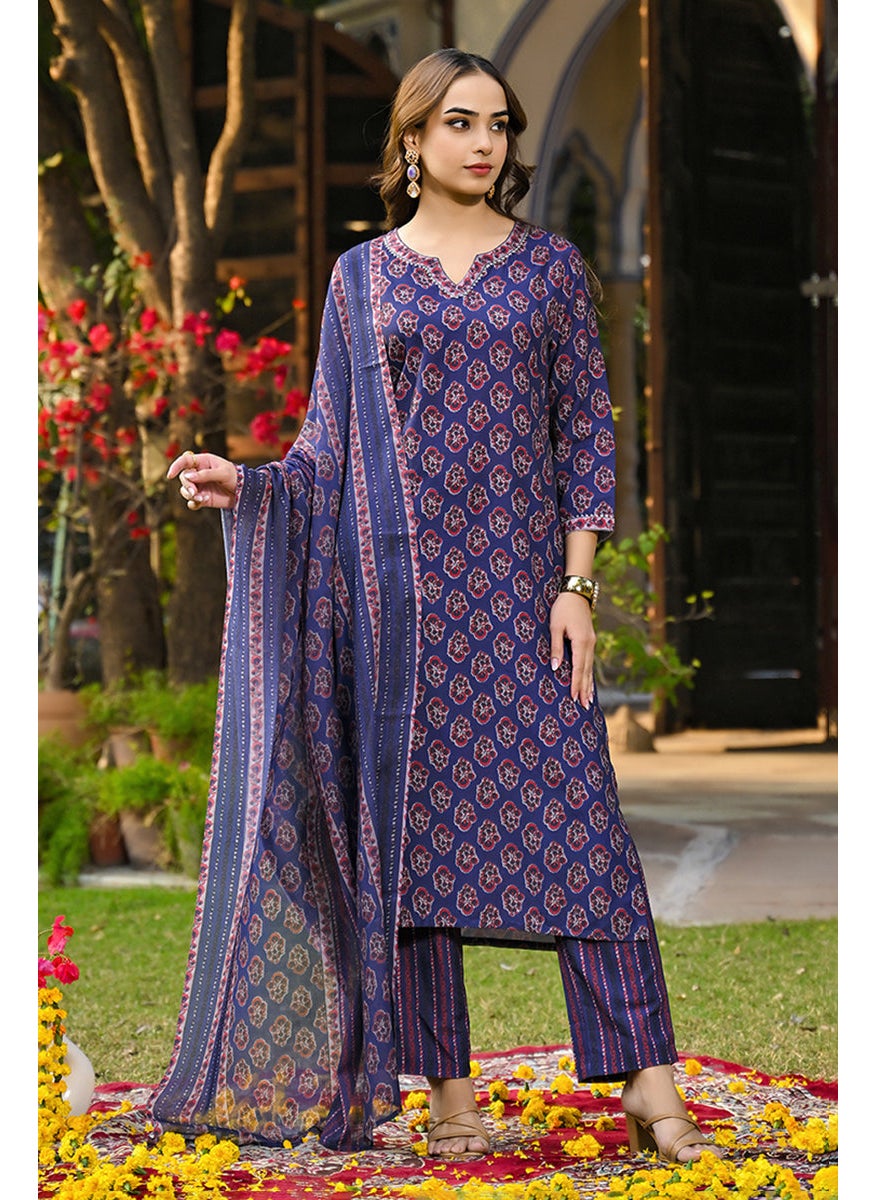 Navy Blue Rayon Blend Floral Printed Straight 3-Piece Kurta Set