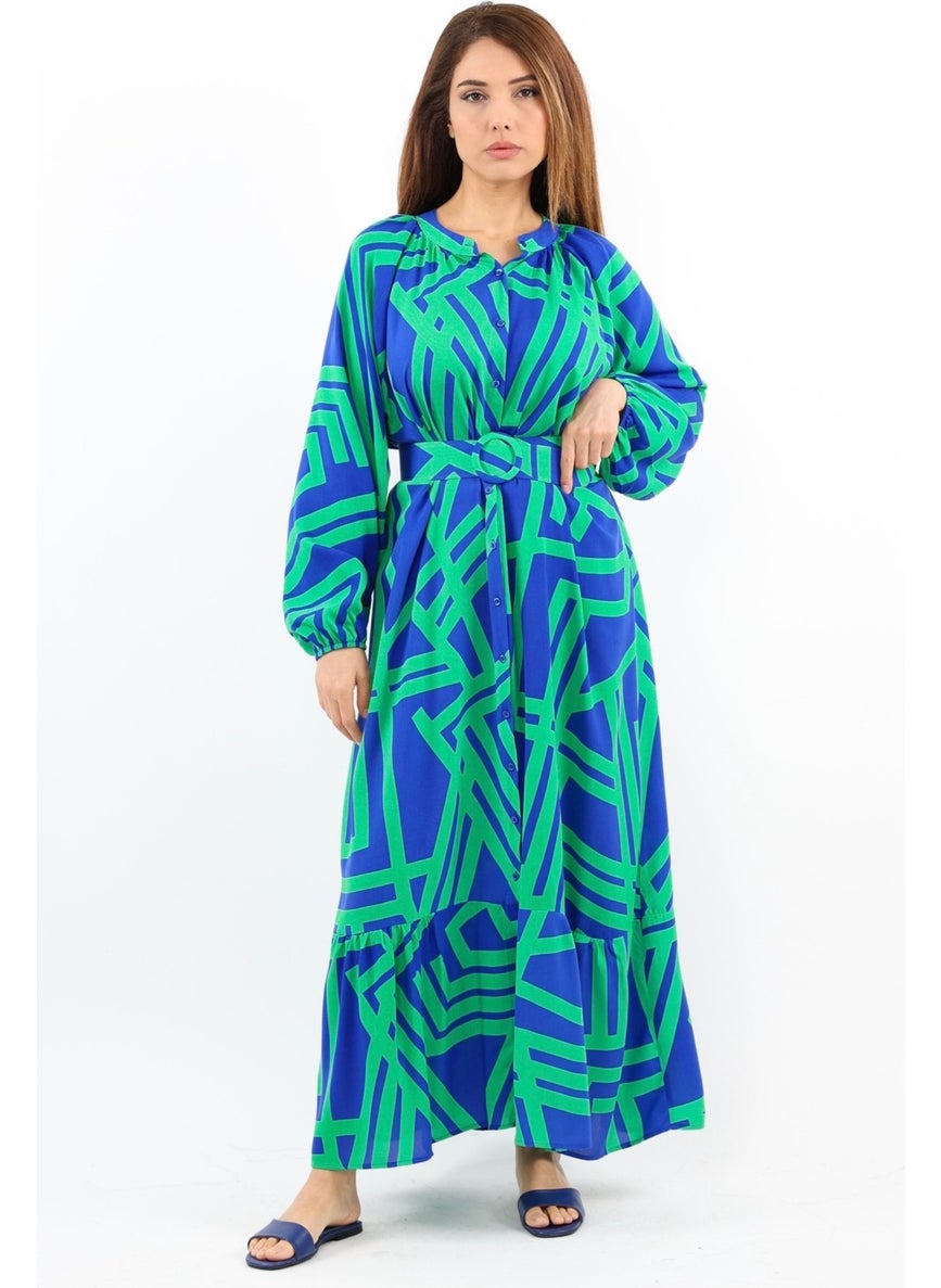 Prive Women's Turn Green Blue Belted 100% Viscose Summer Dress