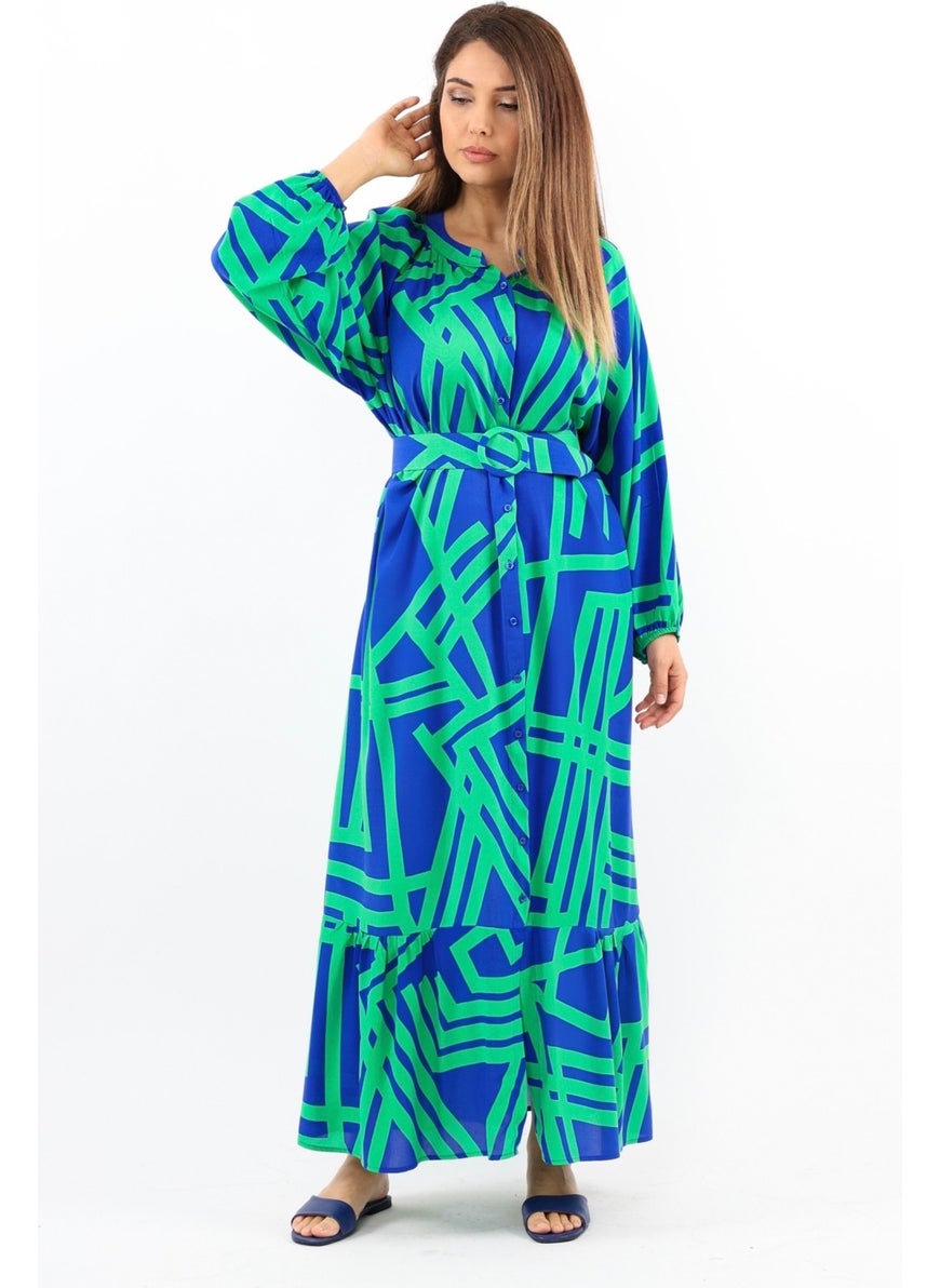 Prive Women's Turn Green Blue Belted 100% Viscose Summer Dress