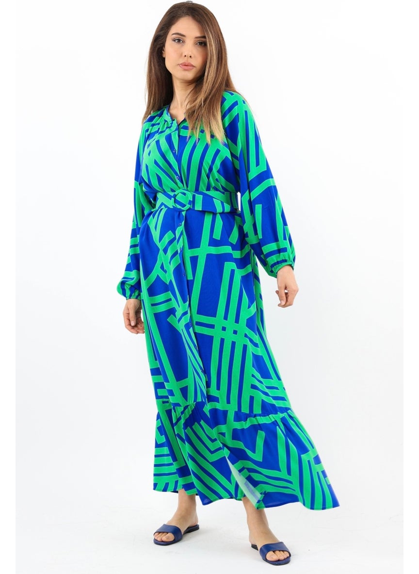 Prive Women's Turn Green Blue Belted 100% Viscose Summer Dress