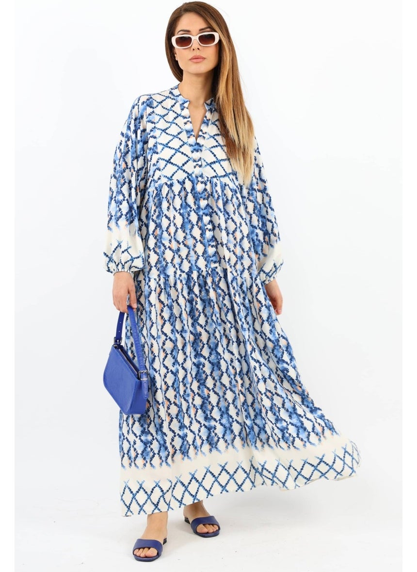 Prive Women's Soft Blue 100% Viscose Maxi Length Balloon Sleeve Long Summer Dress