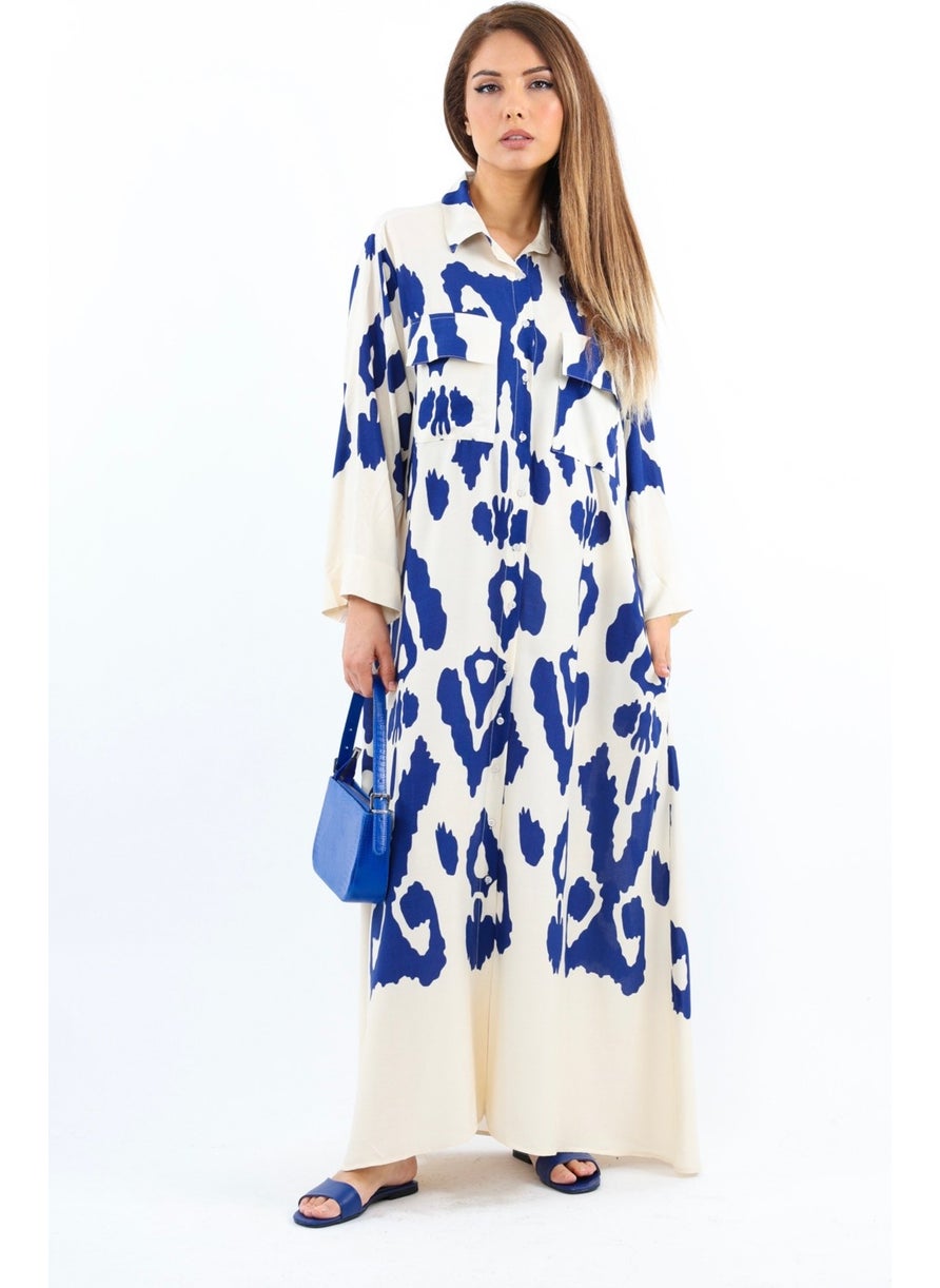Prive Women's Larin 100% Viscose Cream Navy Blue Front Buttoned Long Dress