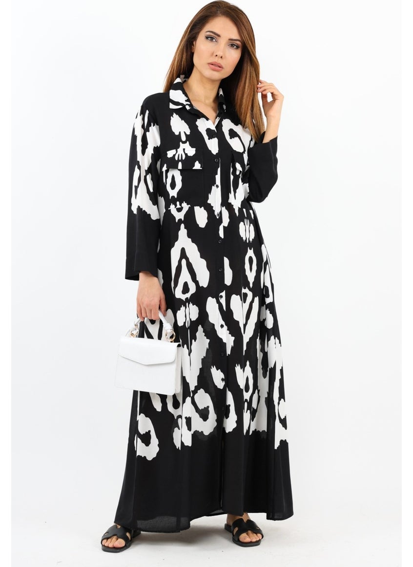 Prive Women's Larin 100% Viscose Black Cream Shirt Collar Front Buttoned Long Summer Dress