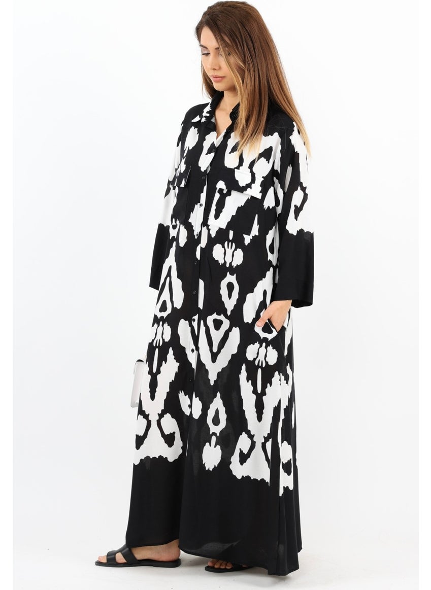 Prive Women's Larin 100% Viscose Black Cream Shirt Collar Front Buttoned Long Summer Dress