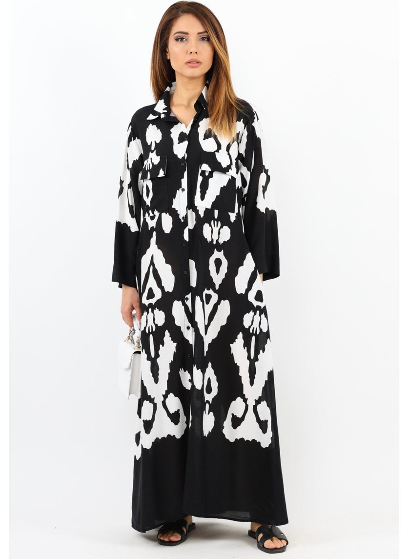 Prive Women's Larin 100% Viscose Black Cream Shirt Collar Front Buttoned Long Summer Dress