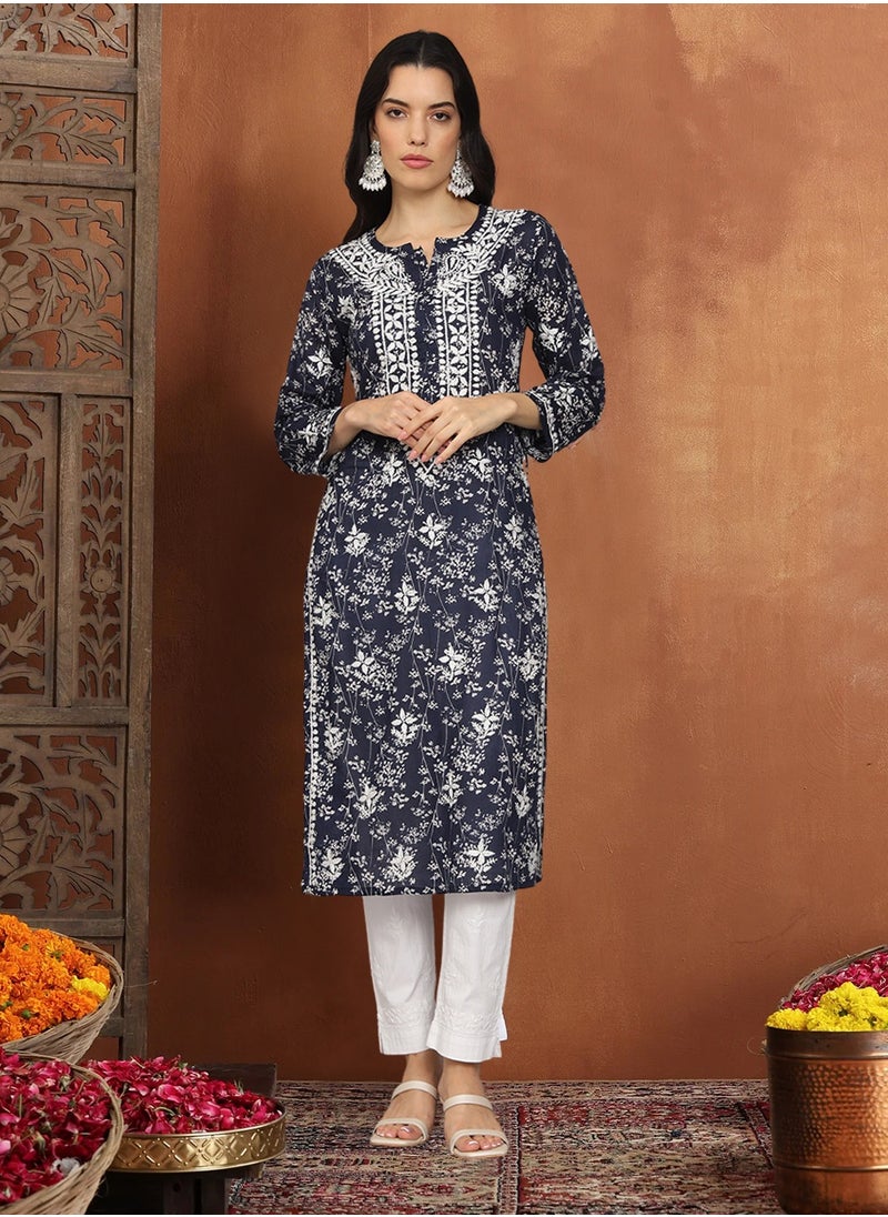 Women Hand Embroidered Chikankari Mulmul Cotton Printed Kurta-AL4041