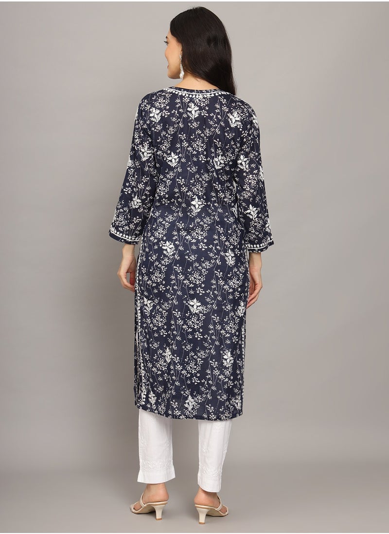 Women Hand Embroidered Chikankari Mulmul Cotton Printed Kurta-AL4041