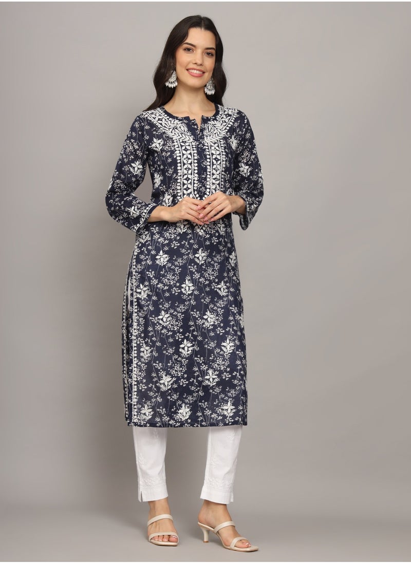 Women Hand Embroidered Chikankari Mulmul Cotton Printed Kurta-AL4041