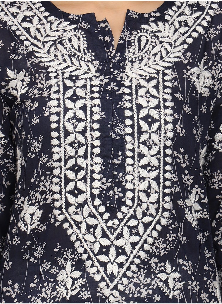Women Hand Embroidered Chikankari Mulmul Cotton Printed Kurta-AL4041