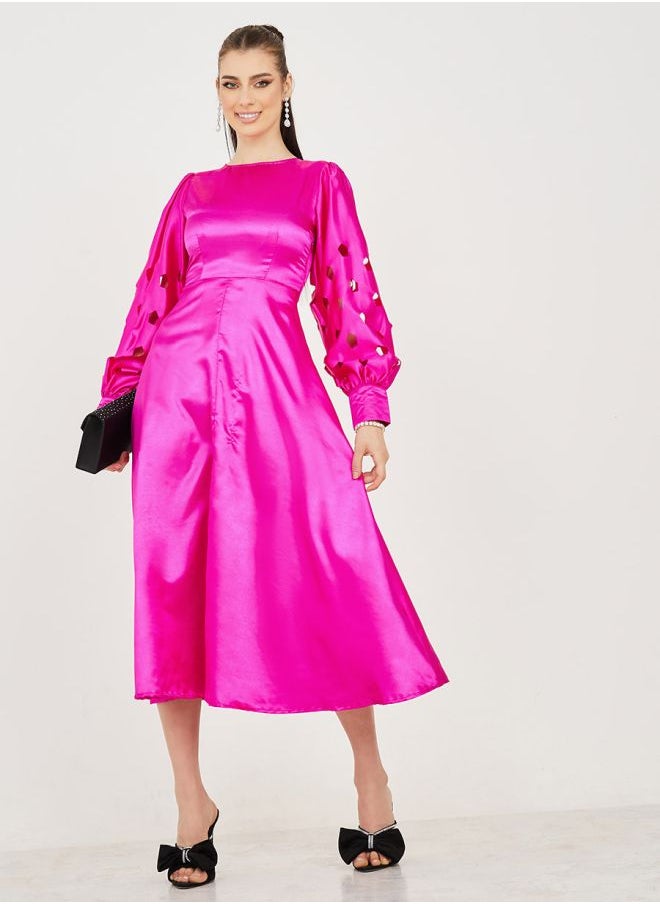 Cut-Out Blouson Sleeve Detail A-Line Midi Dress