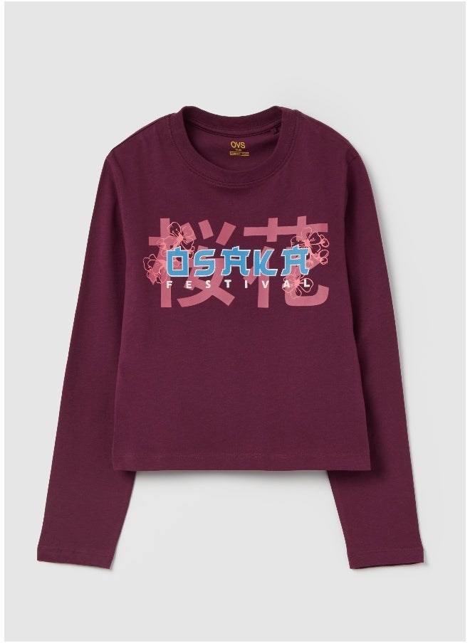 Crop T-shirt with long sleeves and print