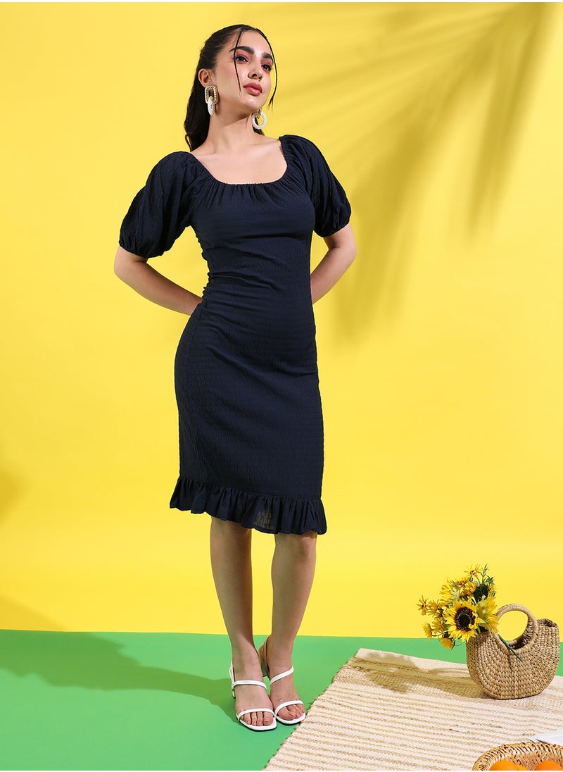 Women's Solid Black Quarter Sleeve Midi Length Regular Fit Dress For Casual Wear | Off-Shoulder Dress Crafted With Comfort Fit And High Performance For Everyday Wear