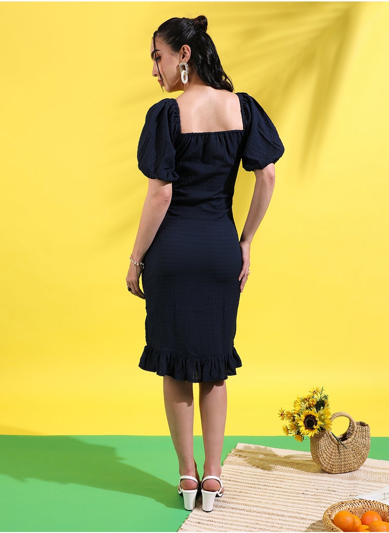 Women's Solid Black Quarter Sleeve Midi Length Regular Fit Dress For Casual Wear | Off-Shoulder Dress Crafted With Comfort Fit And High Performance For Everyday Wear