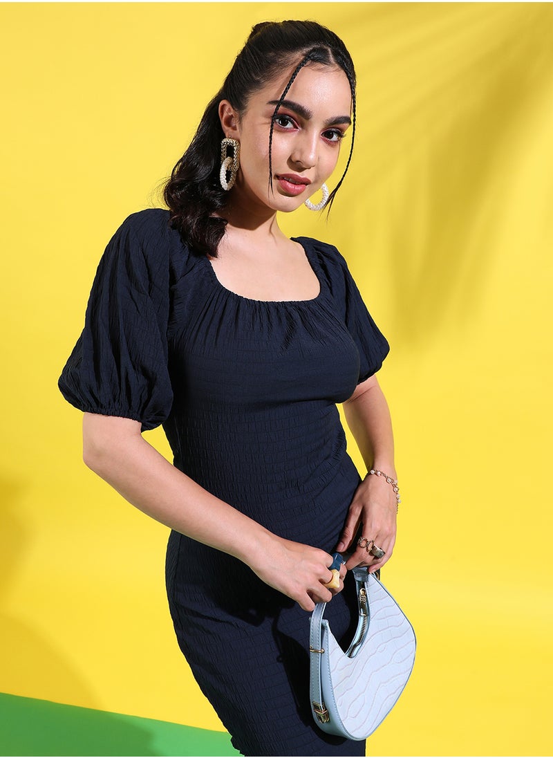 Women's Solid Black Quarter Sleeve Midi Length Regular Fit Dress For Casual Wear | Off-Shoulder Dress Crafted With Comfort Fit And High Performance For Everyday Wear