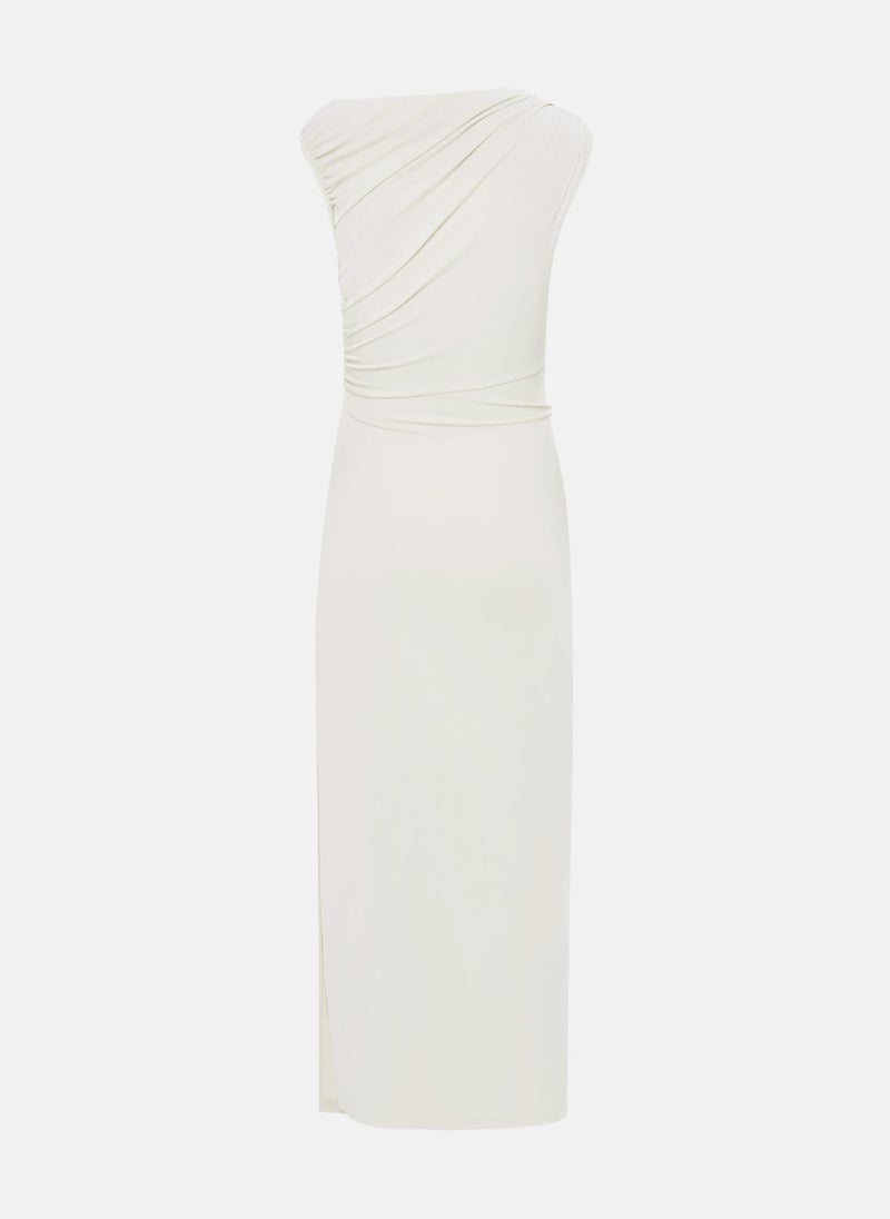 Midi jersey dress with pleats on the bodice and waist decoration
