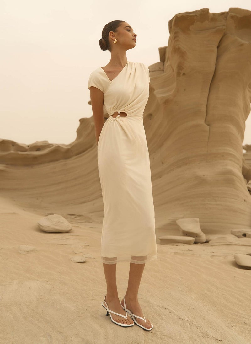 Midi jersey dress with pleats on the bodice and waist decoration