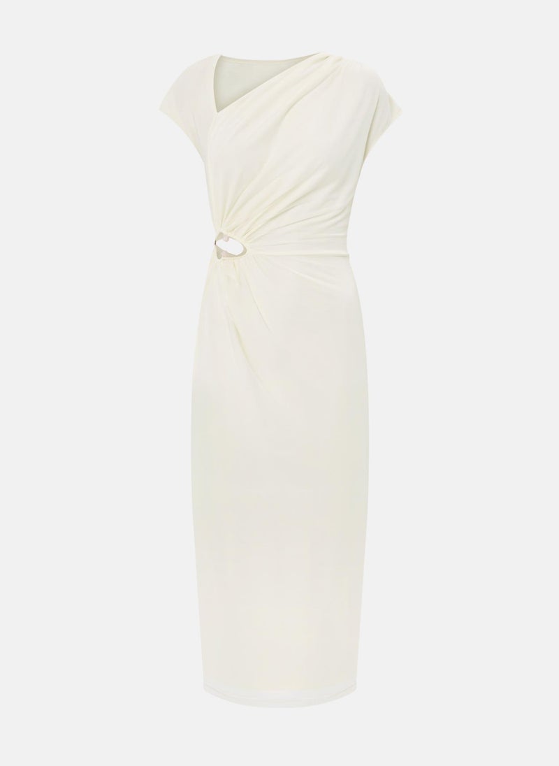 Midi jersey dress with pleats on the bodice and waist decoration