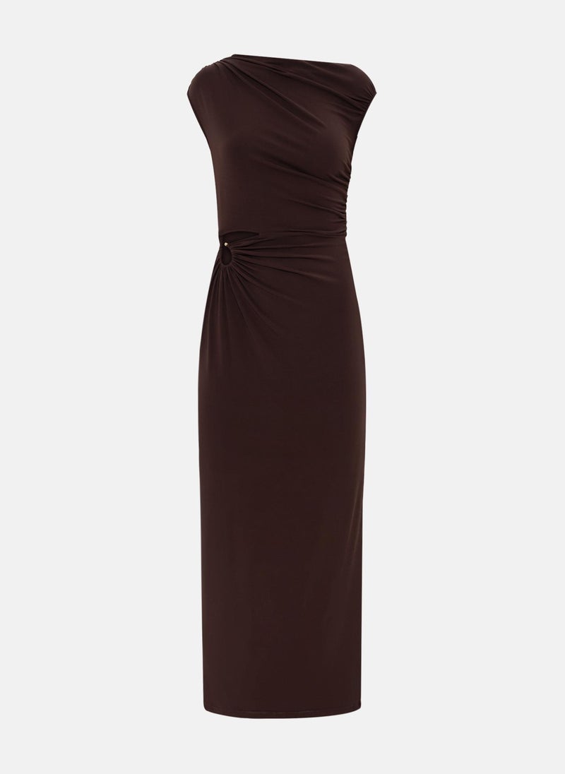Jersey maxi dress with one-shoulder bodice and waist decoration