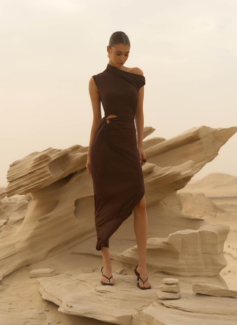 Jersey maxi dress with one-shoulder bodice and waist decoration