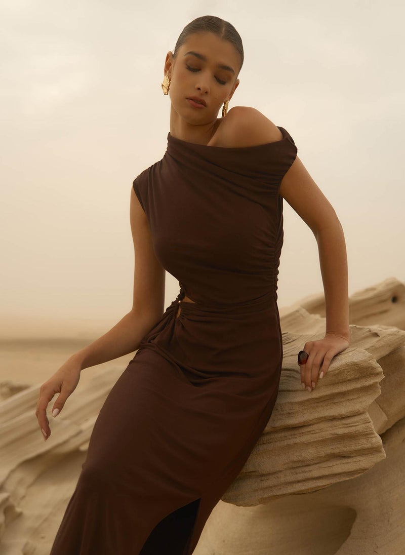 Jersey maxi dress with one-shoulder bodice and waist decoration
