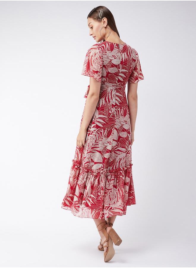Leaf Printed A-Line Midi Dress by Styli