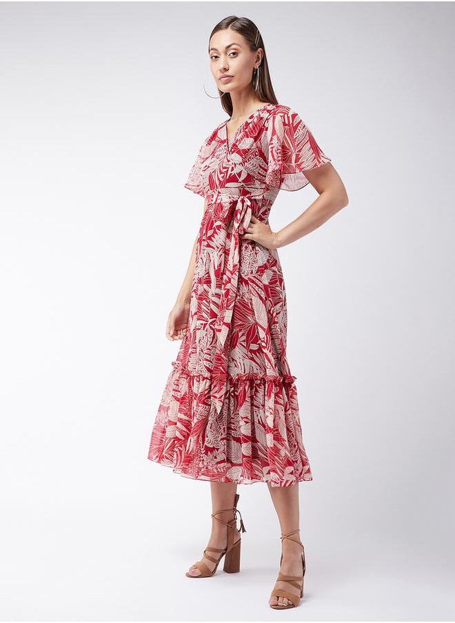 Leaf Printed A-Line Midi Dress by Styli