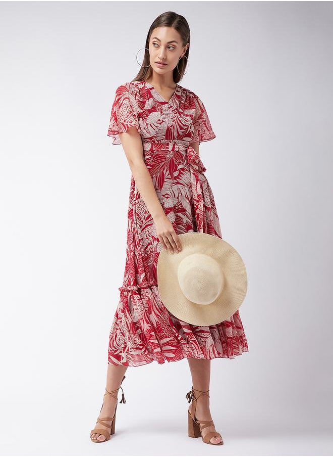 Leaf Printed A-Line Midi Dress by Styli