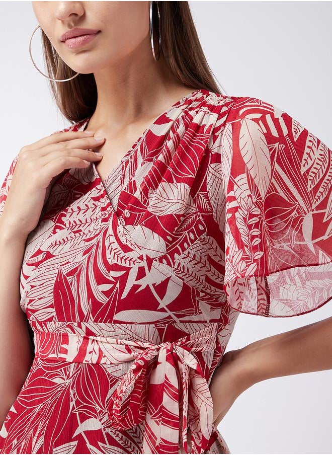 Leaf Printed A-Line Midi Dress by Styli