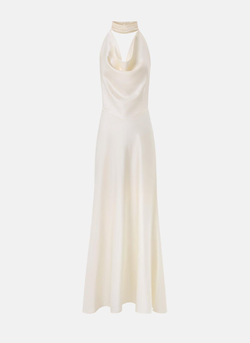 Satin maxi dress with pearl decor on the back