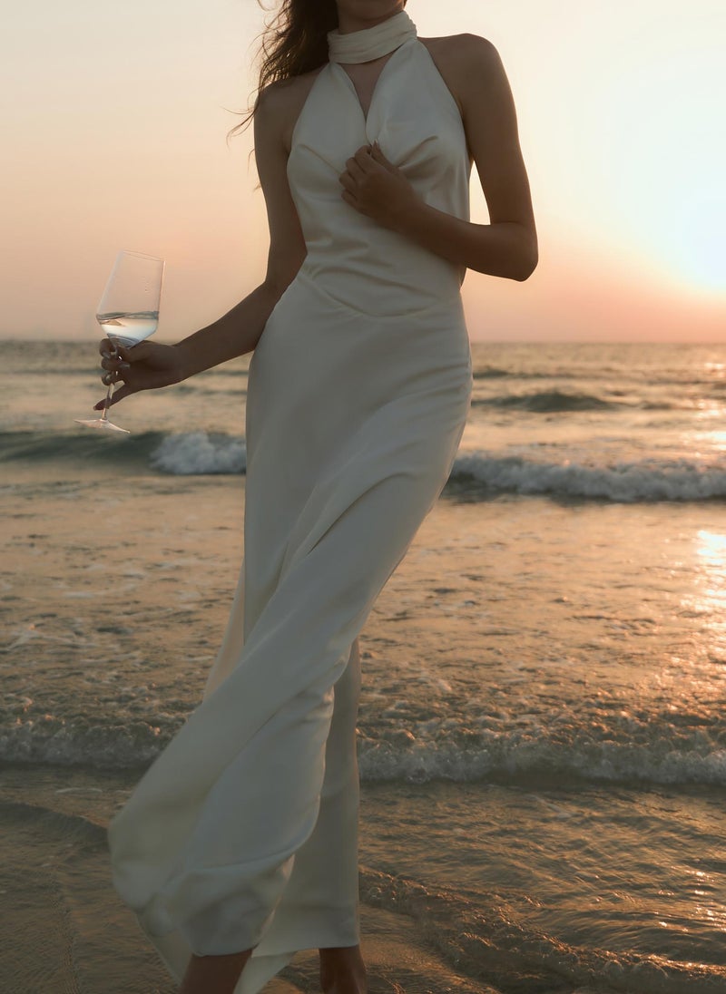 Satin maxi dress with pearl decor on the back