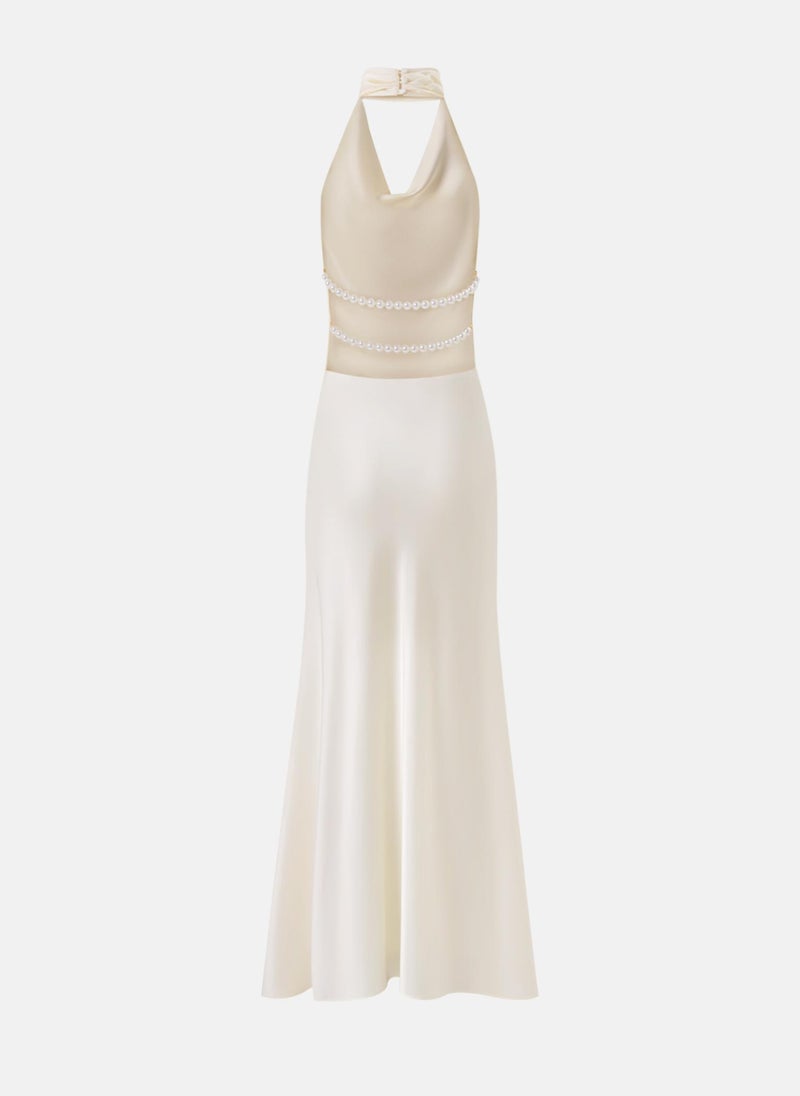 Satin maxi dress with pearl decor on the back