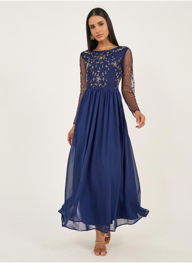 Embellished Long Sleeves A-Line Maxi Dress