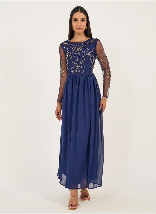 Embellished Long Sleeves A-Line Maxi Dress