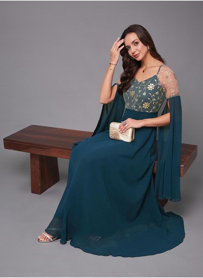 Teal Lace A-Line Maxi Party Dress