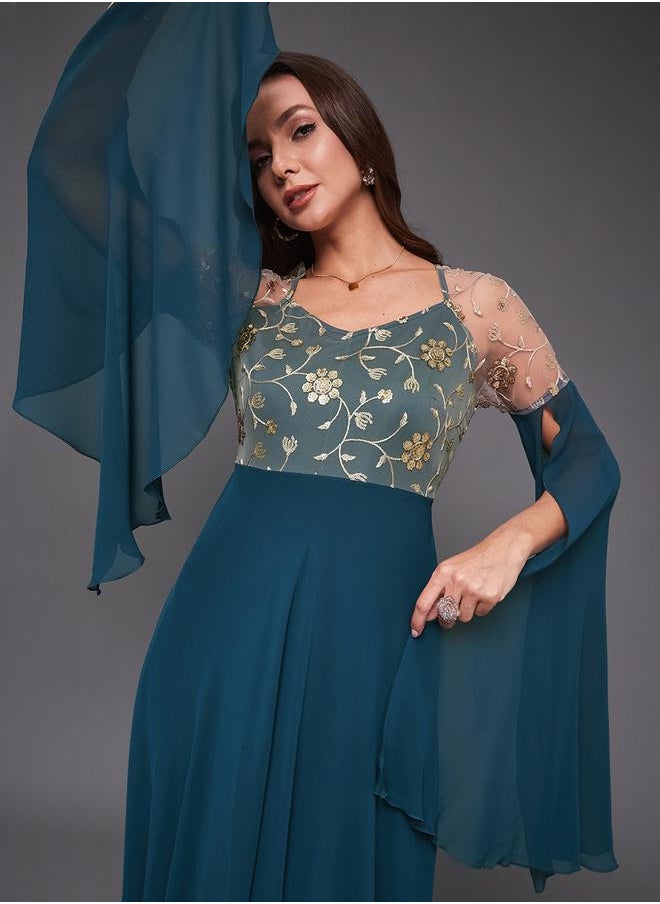 Teal Lace A-Line Maxi Party Dress