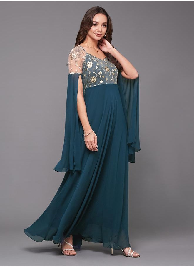 Teal Lace A-Line Maxi Party Dress